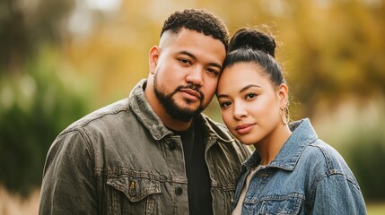 Fototapeta premium Multiethnic couple sharing a warm moment, natural background blurred with soft side light.