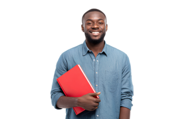 Portrait of a smiling young man holding a red book, standing isolated on a transparent background