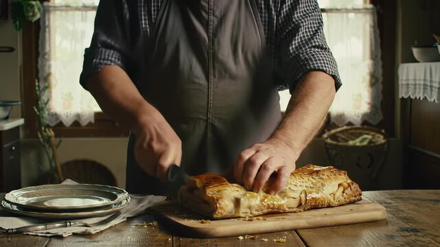A Baker in an Apron Slices a Golden Apple Strudel on a Wooden Board Indoors