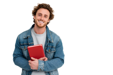 Portrait of a smiling young man holding a red book, standing isolated on a transparent background