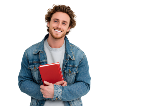 Portrait of a smiling young man holding a red book, standing isolated on a transparent background