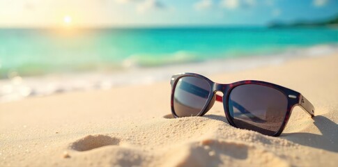 Relaxing beach scene featuring stylish sunglasses resting on soft sand, gently warmed by the sun Perfect for travel, summer, vacation, and eyewear advertising , relaxation, sunglasses, peaceful
