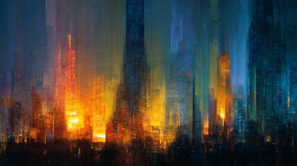Obraz premium A cityscape at night, rendered with vibrant colors and a painterly style.