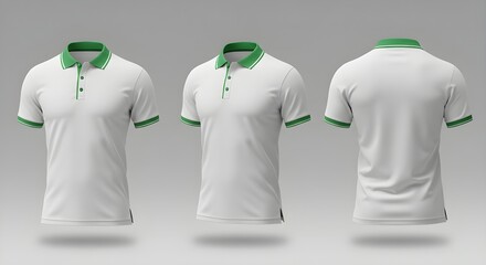 White and green polo shirt mockup with front, back, and side views. Blank apparel template for clothing design and branding.