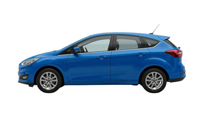 Fototapeta premium Sleek blue compact car side profile on an isolated transparent background for automotive design