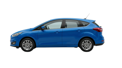 Sleek blue compact car side profile on an isolated transparent background for automotive design