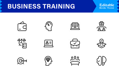 Professional Business Training Line Icon Set with Modern Minimal Design and Unique Vector Elements for Corporate Learning and Development Projects