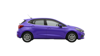 Violet hatchback car showcased on a transparent setting, rendering transportation design