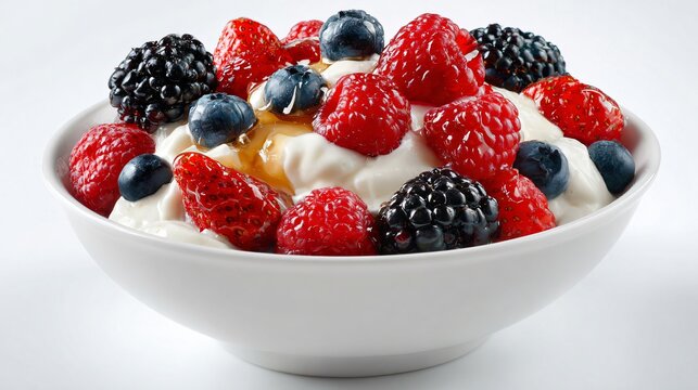 A bowl of yogurt topped with fresh berries and a drizzle of honey