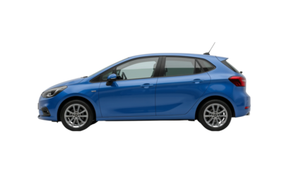 Vibrant blue hatchback car, showcasing modern automotive design with a clean profile against a