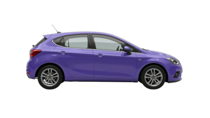 Isolated periwinkle hatchback vehicle with clean modern lines on transparent field representing
