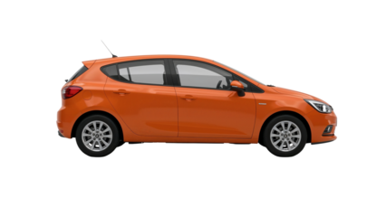 Vibrant orange hatchback car with detailed rims isolated on transparent background