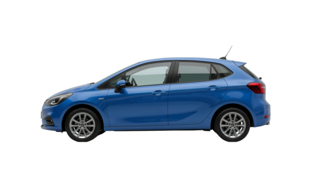 Vibrant blue hatchback car, showcasing modern automotive design with a clean profile against a
