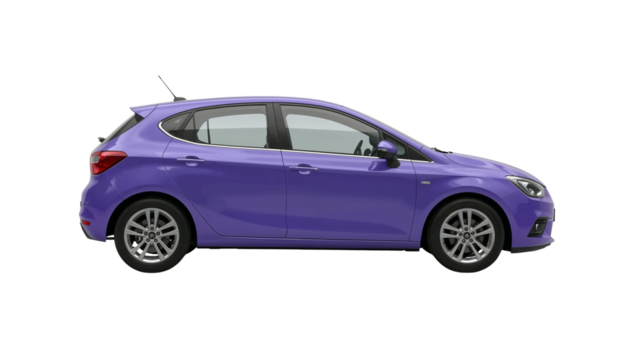 Isolated periwinkle hatchback vehicle with clean modern lines on transparent field representing