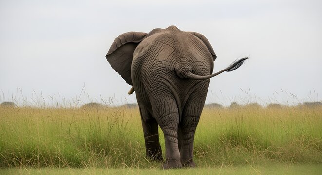 A majestic African elephant seen from behind walking away through a grassy savanna landscape.