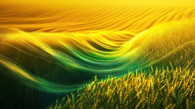 Dynamic Symphony of Green and Yellow Digital Lines in Landscape - Powered by Adobe