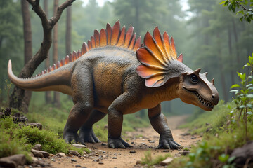 Fototapeta premium Dinosaur Walking on Forest Path Amidst Green Trees