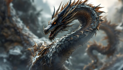 Majestic ancient dragon with fiery eyes and detailed scales emerges from misty mountains