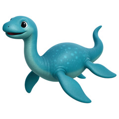 A friendly smiling cartoon blue dinosaur with long neck flippers spotted skin