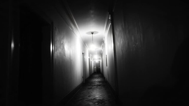 A pitch black orphanage hallway old hanging bulbs. Ghostly children mid-frame, smiling blankly, faces Distant laughter rooms. found footage vibe, deep grain, flickering analog video horror