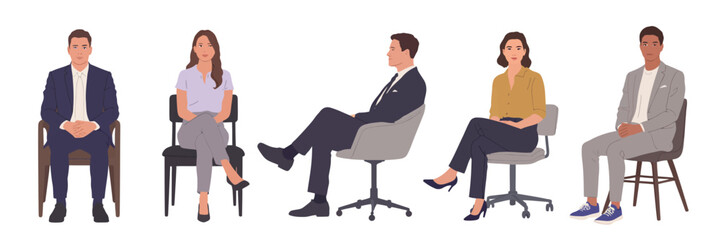 Obraz premium Business Professionals Group Sitting in Meeting – Mixed Gender Teamwork and Brainstorming Scene, Formal Attire and Office Environment, Vector People Illustration for Corporate Use