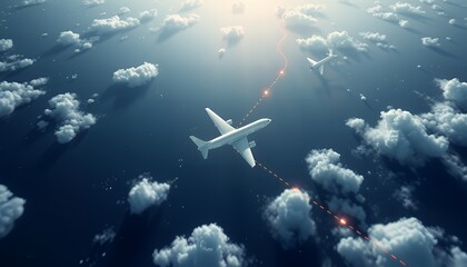 Naklejka premium Airplane flying through clouds towards bright sunlight from above