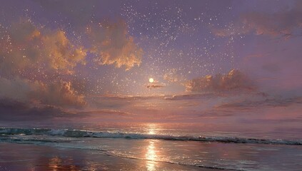 Sunset over the ocean, with a starry sky