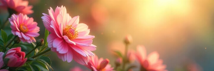 Serene floral arrangement in full bloom, bathed in soft sunlight, exuding tranquility and peaceful vibes  Perfect for spa, wellness, and relaxation themes ,  blossom,  beauty,  soft focus