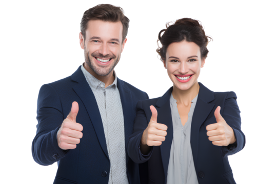 A photo of two business people smiling and giving thumbs up, on a transparent background