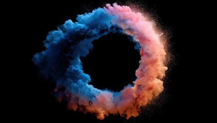 Colorful powder explosion in a circular shape against a black background.  A vibrant ring of blue and pink/orange powder surrounds a dark center