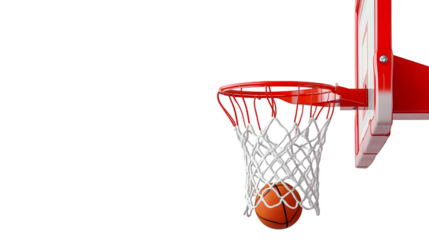A basketball going through a red hoop with a white net on black on transparent background