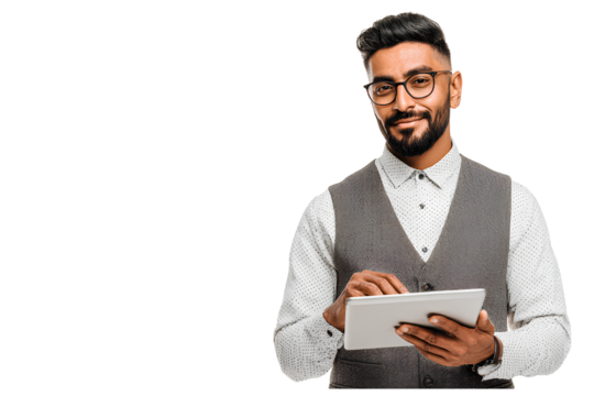 A handsome young Indian businessman wearing glasses and holding an iPad, standing against a transparent background - Powered by Adobe