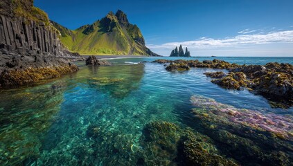 Pristine Icelandic beach with crystal-clear water and dramatic basalt cliffs