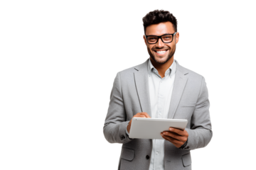 Portrait of a happy young businessman holding a tablet, isolated on a transparent background