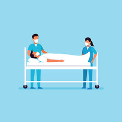Medical staff transporting a patient on a hospital stretcher vector illustration.