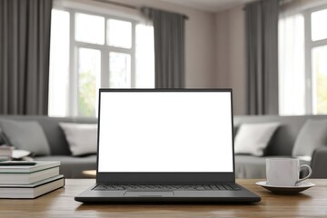 Fototapeta premium cozy home office scene with a black laptop on a wooden desk, blank white screen facing forward
