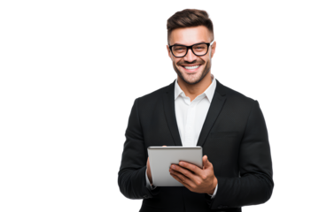 Portrait of a happy young businessman holding a tablet, isolated on a transparent background