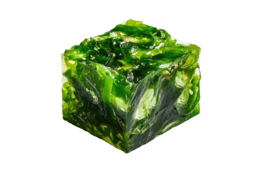 A vibrant green, cube-shaped, gelatinous substance.  Intricate,  organic patterns within the cube
