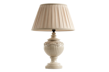 Beige table lamp with pleated shade.  Ornate, sculpted base