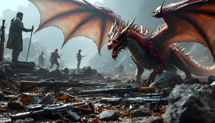 Brave warrior faces fearsome red dragon with army and weapons in epic fantasy battle scene