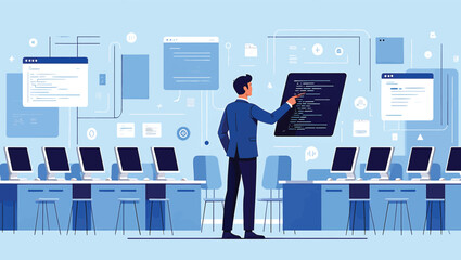 Professor teaching programming in a computer science classroom. Vector illustration of a coding lesson.