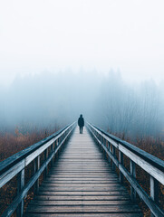 Fototapeta premium A solitary person walks on a wooden bridge through a misty, leafless forest, creating a serene and contemplative atmosphere.
