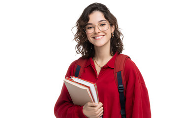 Portrait of a smiling female student with a book, backpack, and glasses, isolated on a transparent background