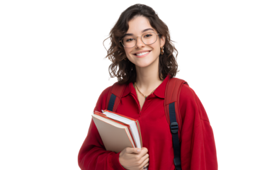 Portrait of a smiling female student with a book, backpack, and glasses, isolated on a transparent background