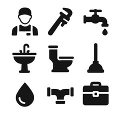 Plumbing services icon set with plumber, tools, and fixtures. Vector graphic for repair and maintenance - the plumbing profession.