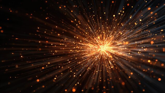 Explosion of golden light particles radiating outward on black background