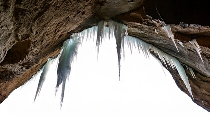an inside view of cave icicles on white to white background