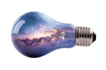 A lightbulb, seemingly transparent, filled with a vibrant image of the cosmos.  Stars, galaxies, and nebulae are visible within its glass globe.  A classic lightbulb filament is inside