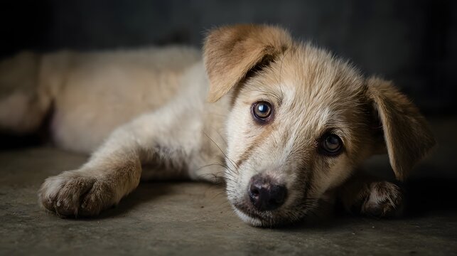 Malnourished puppy lying on floor in a shelter