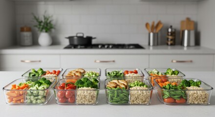 Vegetables and grains in clear containers on a white kitchen counter.